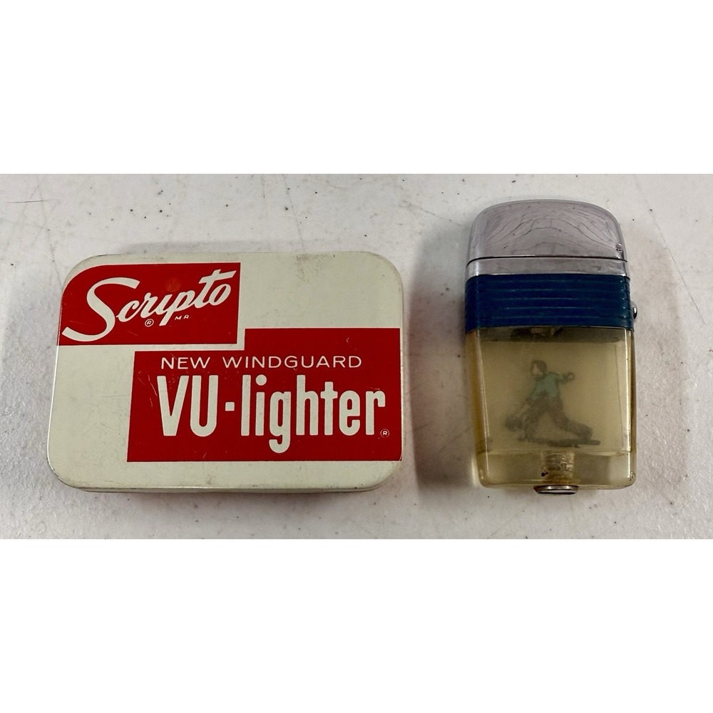 Vintage SCRIPTO VU-Lighter Bowling 1960s Blue With Tin Case Untested